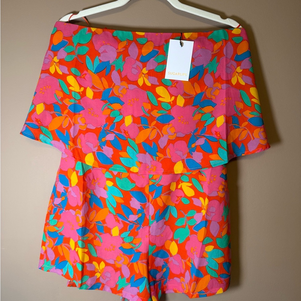 Sugarlips Strapless Floral Romper in Bright Pink Multi - Picture 3 of 7